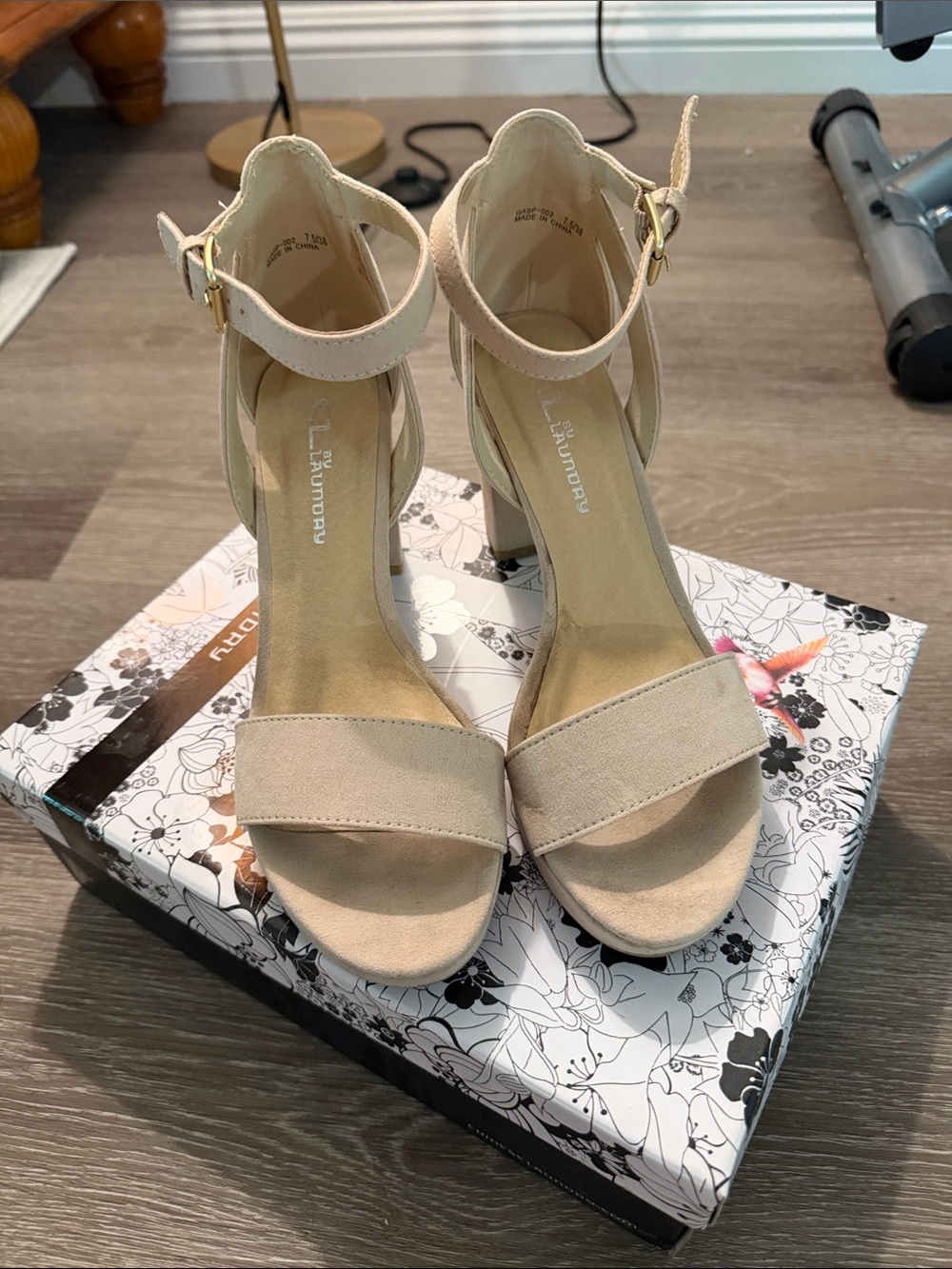 CL by Chinese Laundry Beige Suede Block Heel Sandals with Ankle Strap
